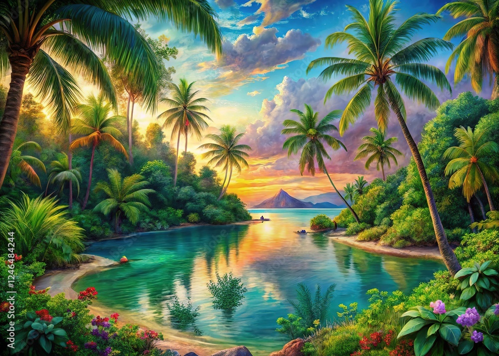 AI-created tropical paradise art print. Serene acrylics. AI-created tropical paradise art print. Serene acrylics.