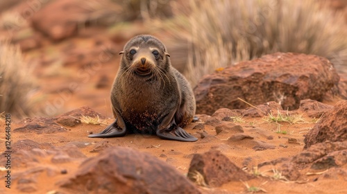 A playful seal resting on rocky terrain under a warm sun with a blurred background of shrubs photo