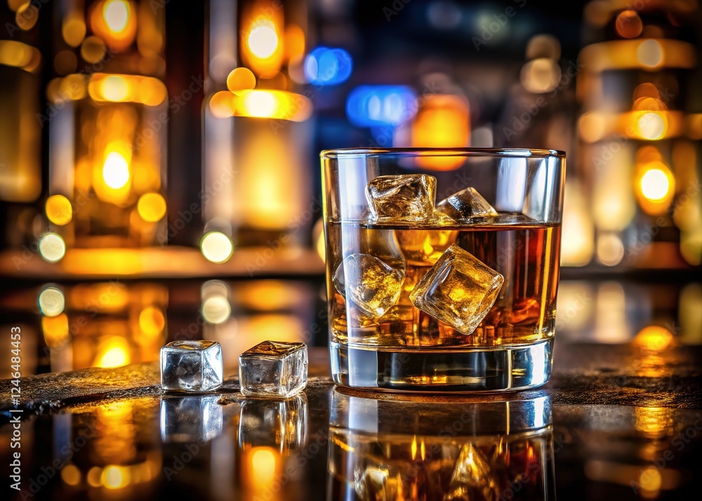 AI-crafted shot: Whiskey rocks, bar counter, detailed close-up. AI-crafted shot: Whiskey rocks, bar counter, detailed close-up.