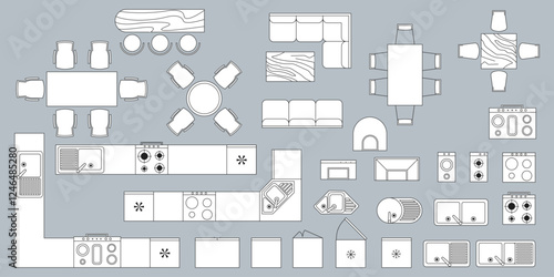 Furniture outline top view. Floor plan icons set for design interior and architectural project. Furniture thin line icon in top view for layout.