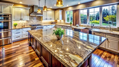 A stunning, realistic drone view of a granite kitchen counter. photo