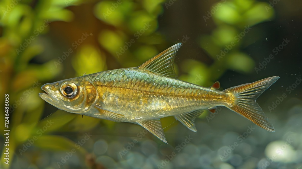 A shimmering fish swimming gracefully in a vibrant aquarium surrounded by lush aquatic plants A shimmering fish swimming gracefully in a vibrant aquarium surrounded by lush aquatic plants