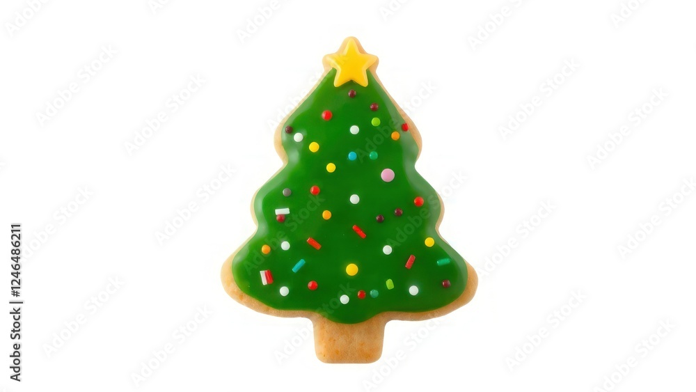 Christmas tree-shaped cookie decorated with green icing and colorful sprinkles, perfect for holiday celebrations. Isolated on white background. Christmas tree-shaped cookie decorated with green icing and colorful sprinkles, perfect for holiday celebrations. Isolated on white background.