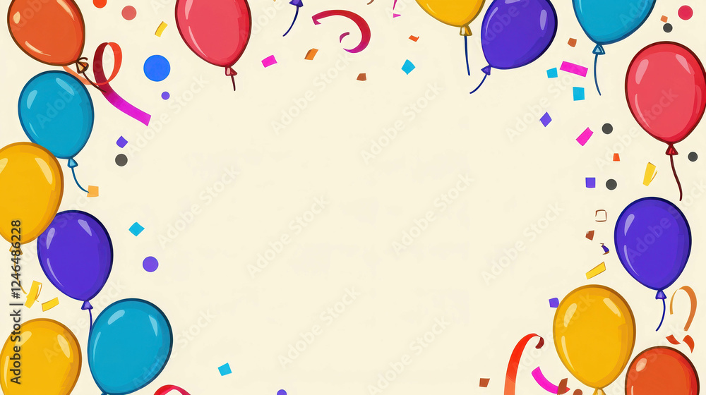 Festive New Year Banner Design with Colorful Balloons and Confetti on Flat Background Festive New Year Banner Design with Colorful Balloons and Confetti on Flat Background