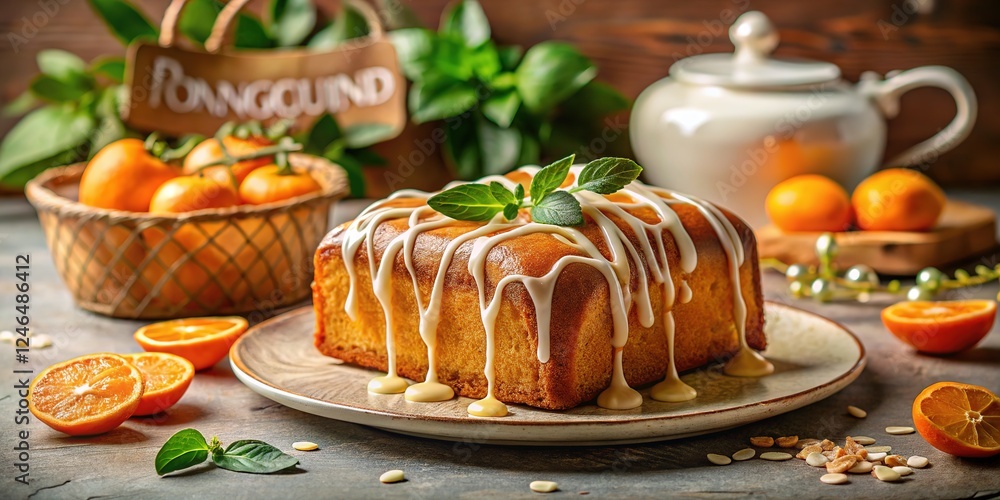 A glazed tangerine pound cake, beautifully displayed on linen. A glazed tangerine pound cake, beautifully displayed on linen.