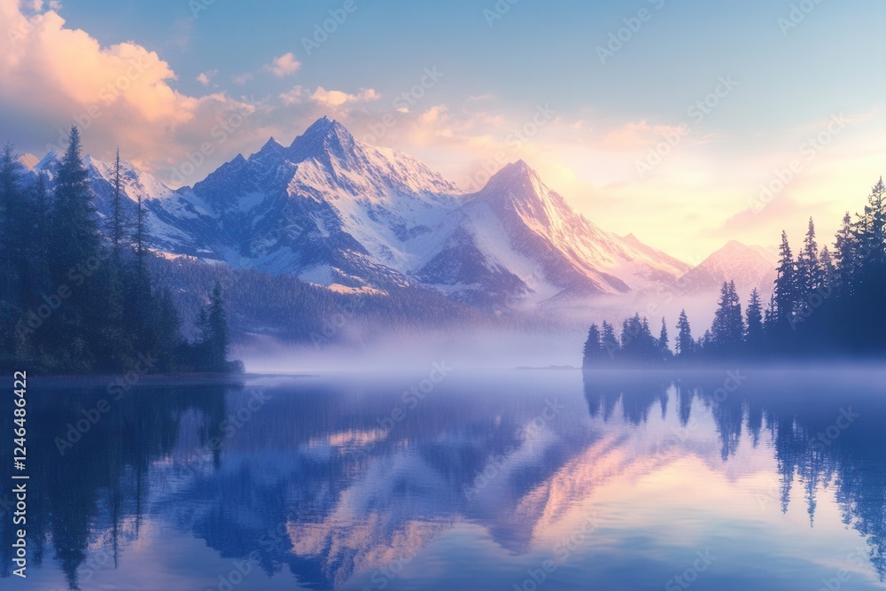pristine mountain lake reflecting snow-capped peaks at sunrise, with ethereal mist rising from crystal-clear waters, photorealistic style pristine mountain lake reflecting snow-capped peaks at sunrise, with ethereal mist rising from crystal-clear waters, photorealistic style
