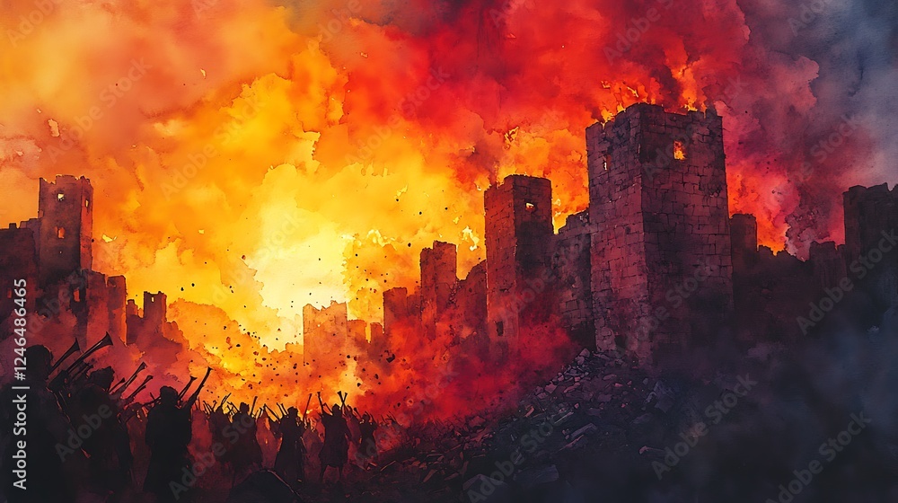 Naklejka premium The crumbling walls of Jericho under a fiery sunset, a dramatic watercolor scene with trumpeting Israelites in the foreground, debris filling the air,