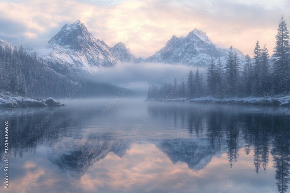 pristine mountain lake reflecting snow-capped peaks at sunrise, with ethereal mist rising from crystal-clear waters, photorealistic style pristine mountain lake reflecting snow-capped peaks at sunrise, with ethereal mist rising from crystal-clear waters, photorealistic style