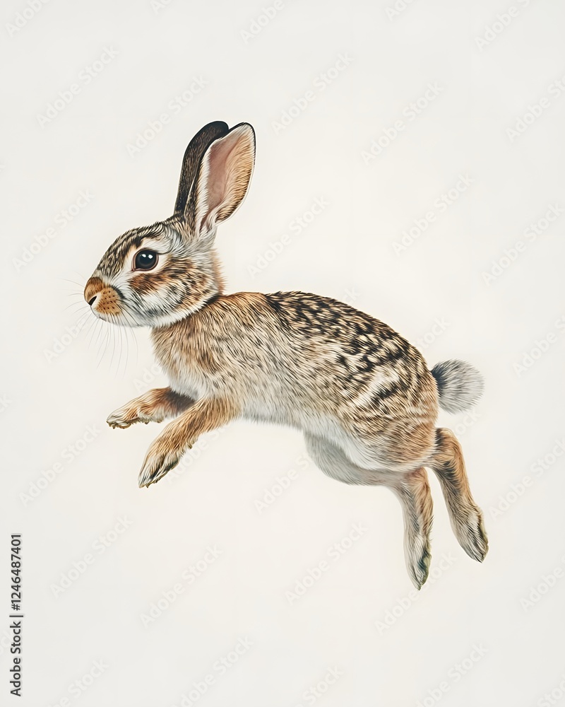 Obraz premium A brown rabbit gracefully leaps through the air against a soft, neutral background, showcasing its agility