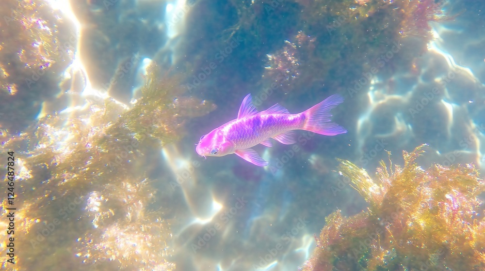 Obraz premium Underwater Pink Fish in Sunlit Seaweed Habitat