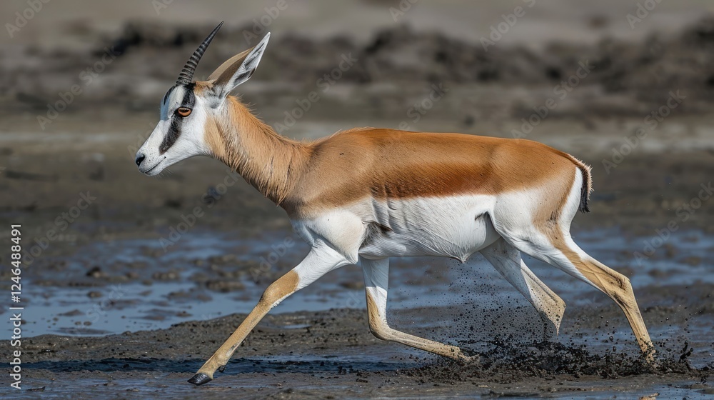 A graceful antelope galloping across a muddy landscape, showcasing its agility and speed A graceful antelope galloping across a muddy landscape, showcasing its agility and speed