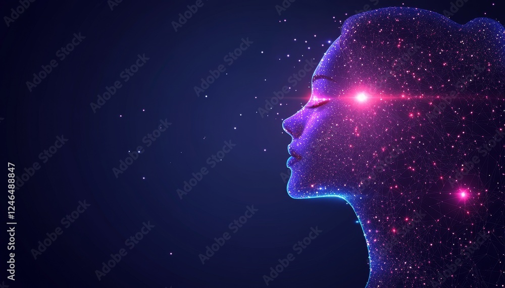 Abstract Female Face, Interconnected Particles, Data Flow, Blue and Purple Lights, Dark Background Abstract Female Face, Interconnected Particles, Data Flow, Blue and Purple Lights, Dark Background