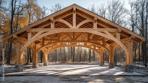 Wooden pavilion in autumn forest.