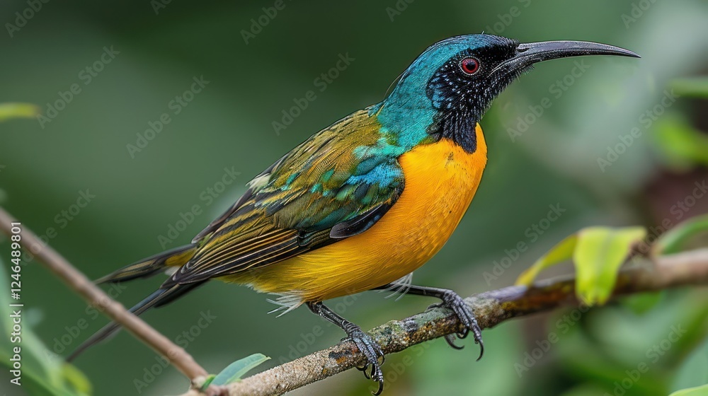 Fototapeta premium Vibrant bird perched on a branch in a lush green environment, showcasing its colorful plumage