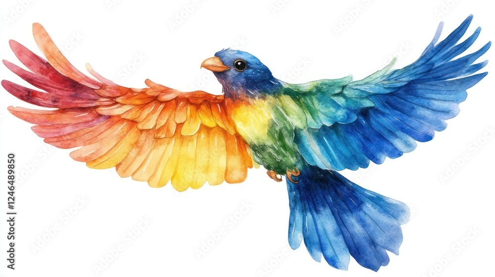 Fototapeta premium Watercolor rainbow bird in flight.