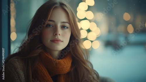 Wallpaper Mural Young woman with auburn hair and blue eyes looking at camera near window with bokeh lights. Torontodigital.ca
