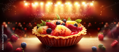Ultra HD illustration of a bitten fruit tart under the glow of theater lights