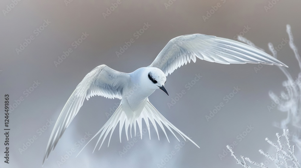 Fototapeta premium Elegant white bird in mid-flight over a frosty landscape, showcasing its graceful wings and serene environment