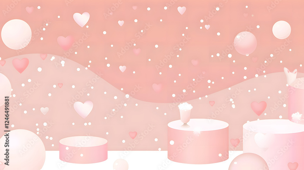 Cute Valentine's Day-Themed Background with Pink and White Gradient Colors, Heart-Shaped Balloons, Bubbles, and Podiums for Product Display, Soft Lighting, Flat Design Aesthetic Cute Valentine's Day-Themed Background with Pink and White Gradient Colors, Heart-Shaped Balloons, Bubbles, and Podiums for Product Display, Soft Lighting, Flat Design Aesthetic