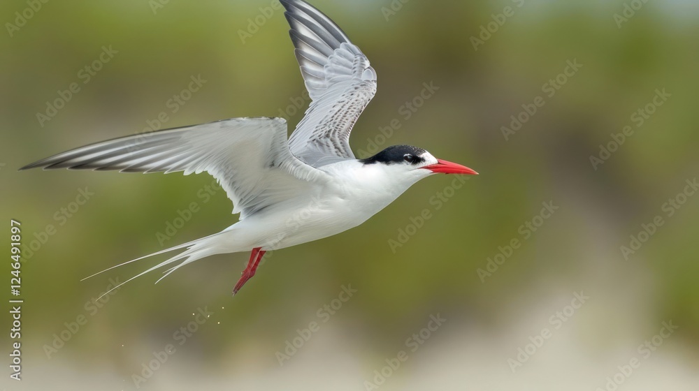 Fototapeta premium A graceful tern soaring above a sandy beach with blurred greenery in the background