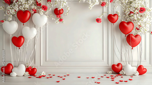 Romantic Valentine's Day backdrop with heart-shaped balloons and flowers. A beautiful, white room adorned with heart-shaped red and white balloons, flowers, and scattered heart-shaped petals.