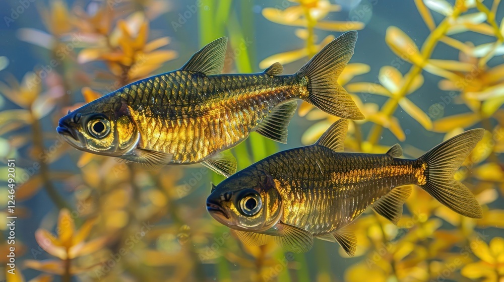 Fototapeta premium Two vibrant fish swimming gracefully among colorful aquatic plants in a serene underwater habitat