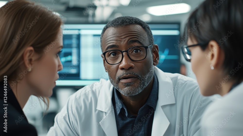 Focused medical team collaborating on a research project in a modern lab Focused medical team collaborating on a research project in a modern lab