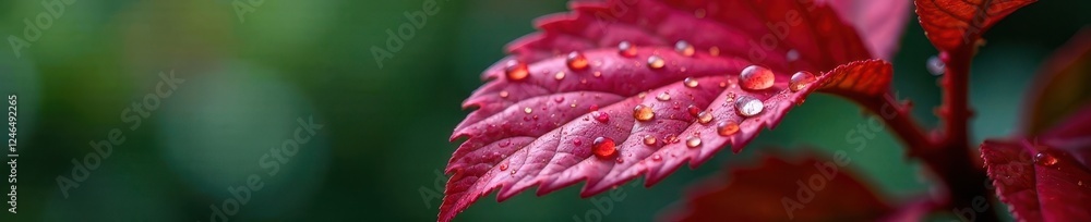 Fototapeta premium Tiny raindrops clinging to a crimson red leaf, flower, leaf, nature
