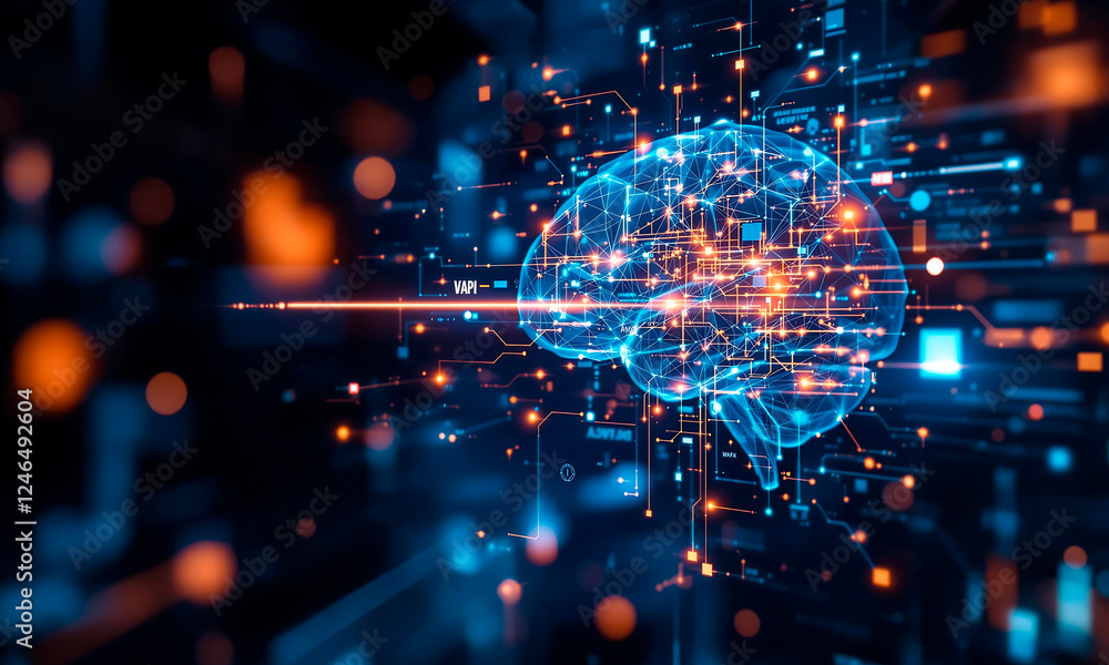 Fototapeta premium Neural interface implant visual with a human brain connected to a transparent AI-powered HUD (heads-up display), showcasing advanced technology, brain-computer interface, and digital innovation. 