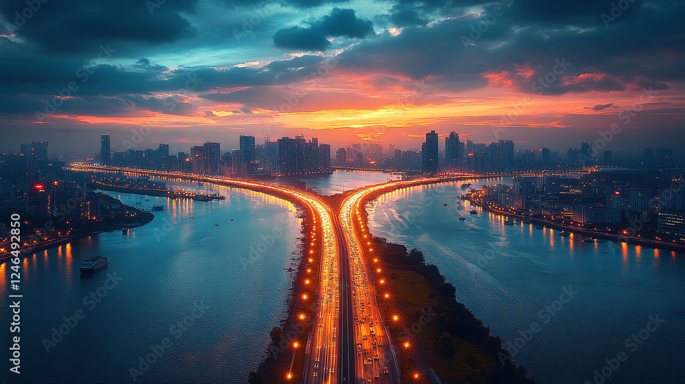 Naklejka premium Stunning Cityscape Highway Sunset Aerial View Night Lights Cityscape sky road blue dark urban river 