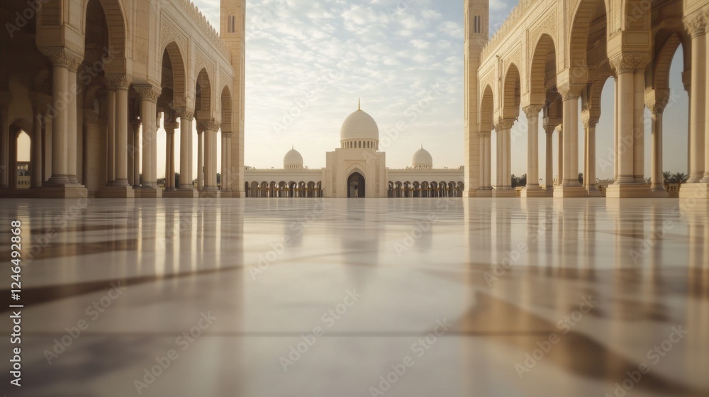 Fototapeta premium Mosque courtyard sunrise, architectural detail, peaceful morning, travel destination