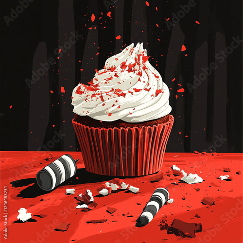 Ultra HD illustration of a half-eaten cupcake with theater props scattered around