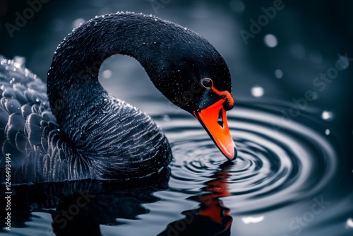Fototapeta Naklejka Na Ścianę i Meble -  A black swan gliding gracefully across a reflective pond, its sleek feathers casting elegant ripples