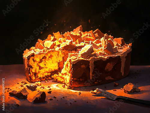 Ultra HD illustration of crumbled cake under theatrical lighting