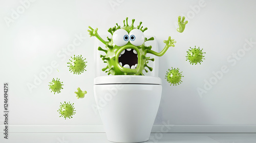The toilet in the bathroom has a 3D cartoon virus green color
