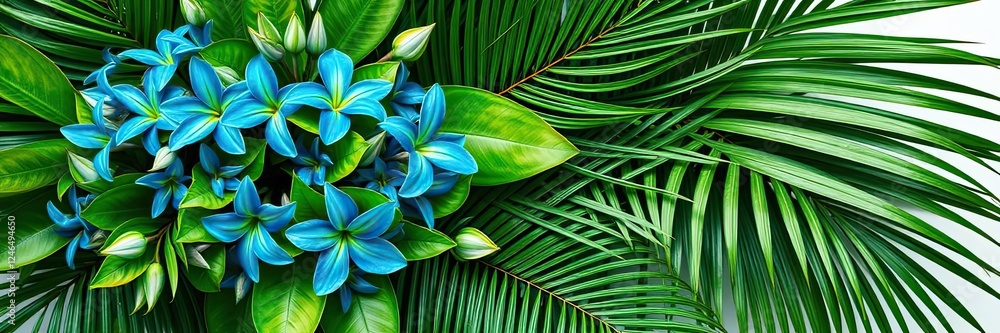 Obraz premium Vibrant Blue Plumeria Flowers with Lush Tropical Palm Leaves Background