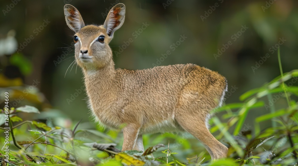 A young deer stands gracefully among lush green foliage in a vibrant forest setting A young deer stands gracefully among lush green foliage in a vibrant forest setting