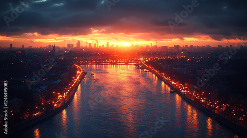 Stunning Cityscape Sunrise River Lights Urban Panorama Dramatic Sky red dawn blue dark view night   