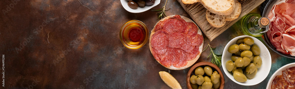 A banner featuring a variety of charcuterie items, sliced meats, olives, bread, and condiments on a rustic wooden table. The arrangement highlights the rich colors and textures of these seasonal items A banner featuring a variety of charcuterie items, sliced meats, olives, bread, and condiments on a rustic wooden table. The arrangement highlights the rich colors and textures of these seasonal items