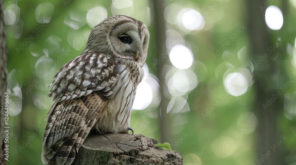 Fototapeta premium Majestic owl perched on a tree stump in a lush green forest, surrounded by soft bokeh lights