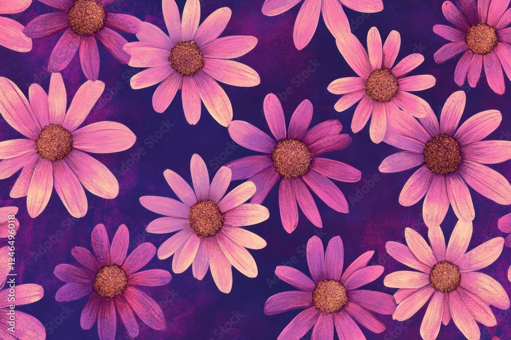 Beautiful daisy floral pattern with vibrant pink and purple flowers on a dark background, perfect for spring and summer designs