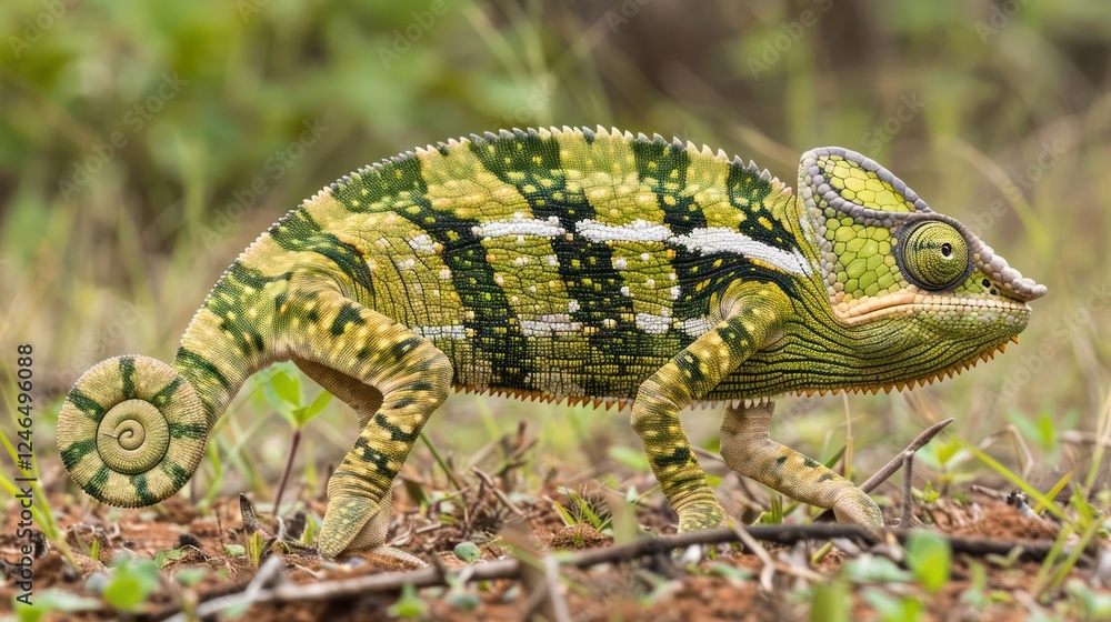 Fototapeta premium Colorful chameleon blending into its natural habitat, showcasing vibrant patterns and textures