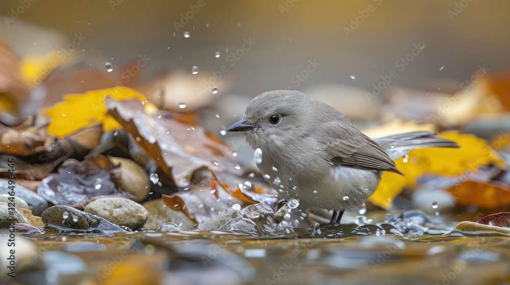 Obraz premium Small bird bathing in a stream surrounded by autumn leaves and pebbles, creating splashes