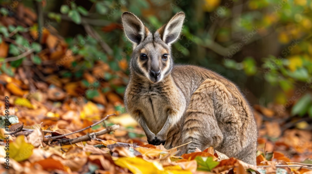 Fototapeta premium A kangaroo pauses amidst vibrant autumn leaves in a serene forest setting, showcasing nature's beauty