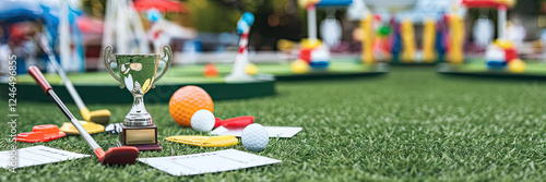 Mini Golf Tournament Trophy Putters Golf Balls on Green Turf with Playground Background