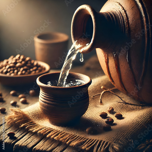 A cup of coffee with coffee beans nearby photo