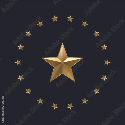 Set of gold stars in a circle with a big star in the middle Isolated on dark background Vector illustration of a circular frame with gold stars for badge, emblem and seal