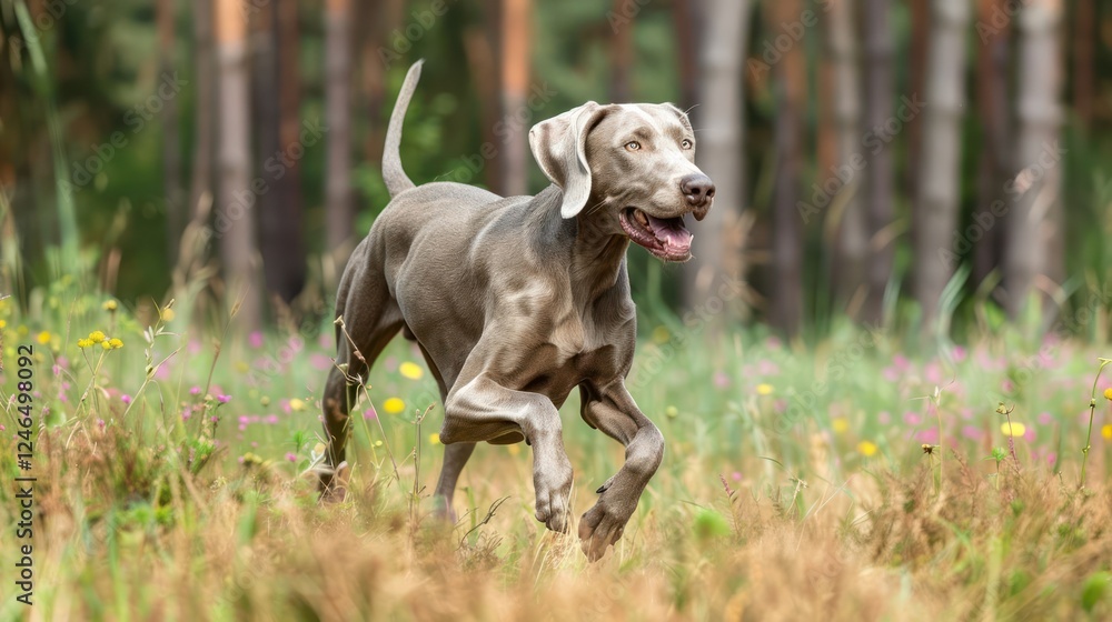 Playful dog running through a vibrant meadow filled with wildflowers and trees in the background Playful dog running through a vibrant meadow filled with wildflowers and trees in the background