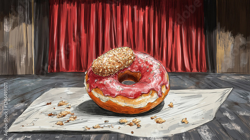 Ultra HD sketch of a bitten donut with theater curtains in the background