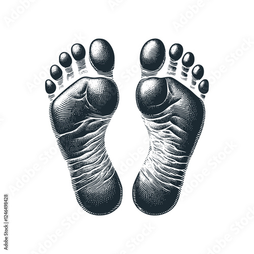 The vintage foot print of human. black white illustration. vector symbol.